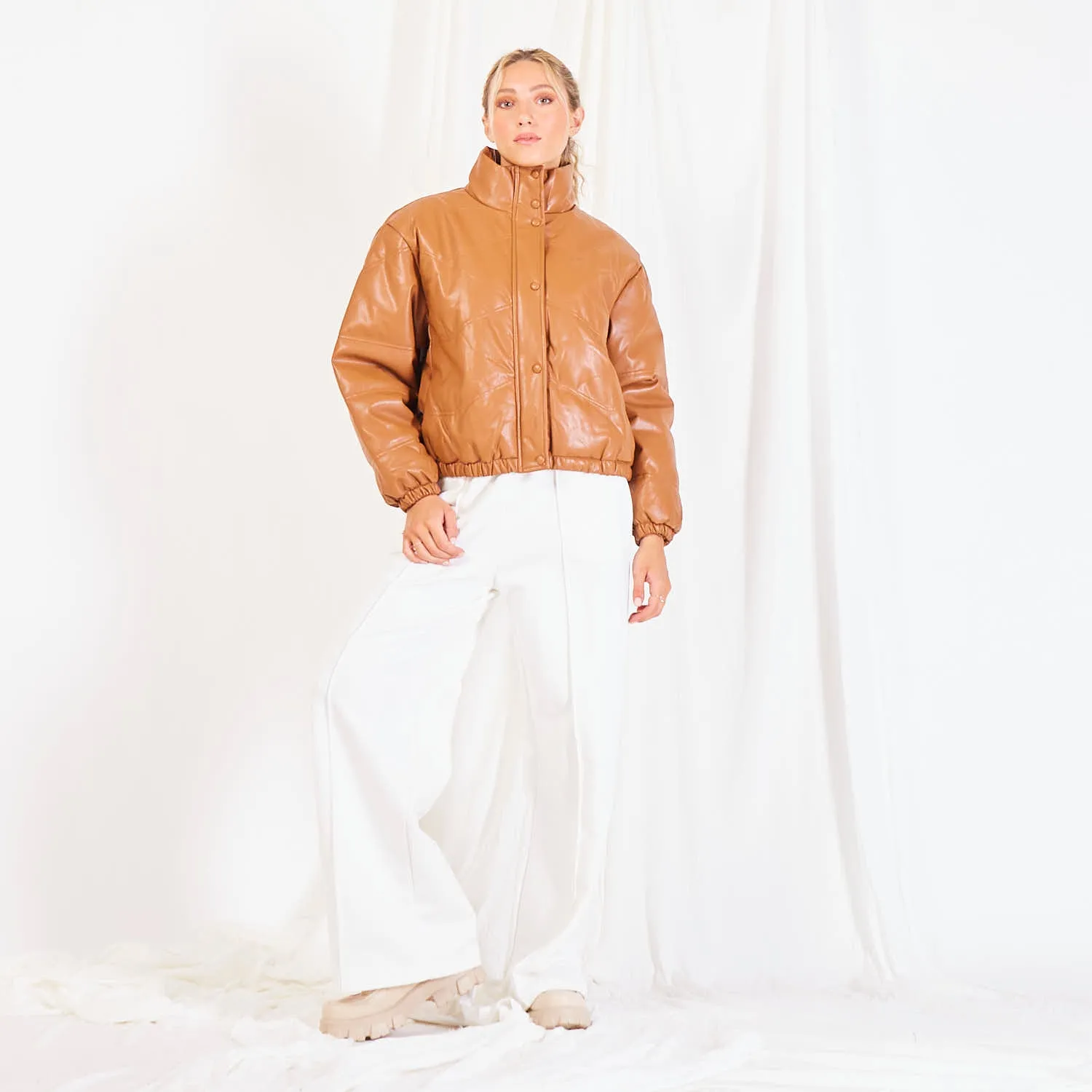 Wholesale padded leather jacket with stand collar