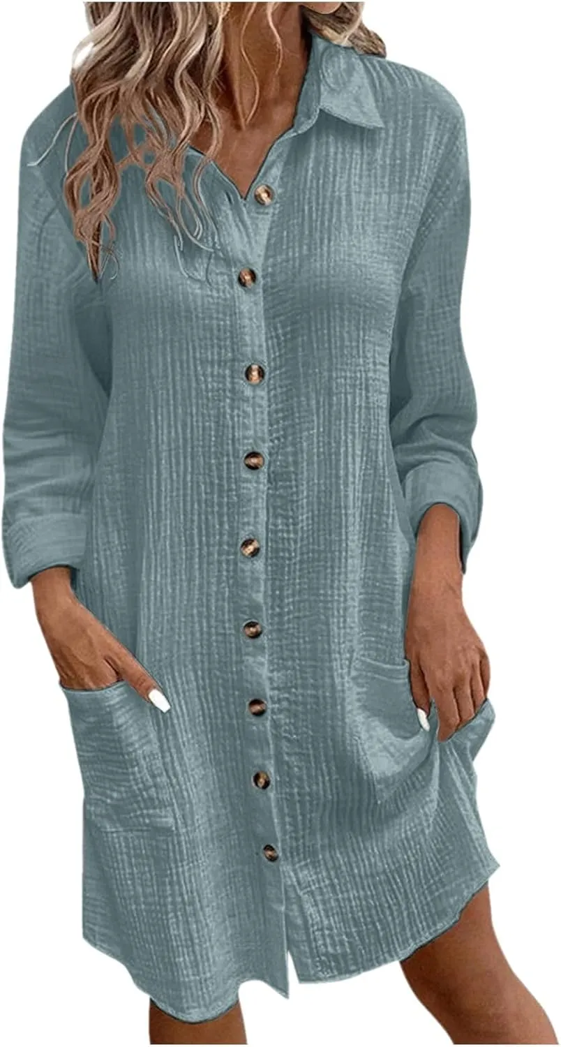 Women Button Down Dress Loose Summer Cotton Linen Dresses Casual Short Sleeve Tunic Dress 2025 Linen Dress Women