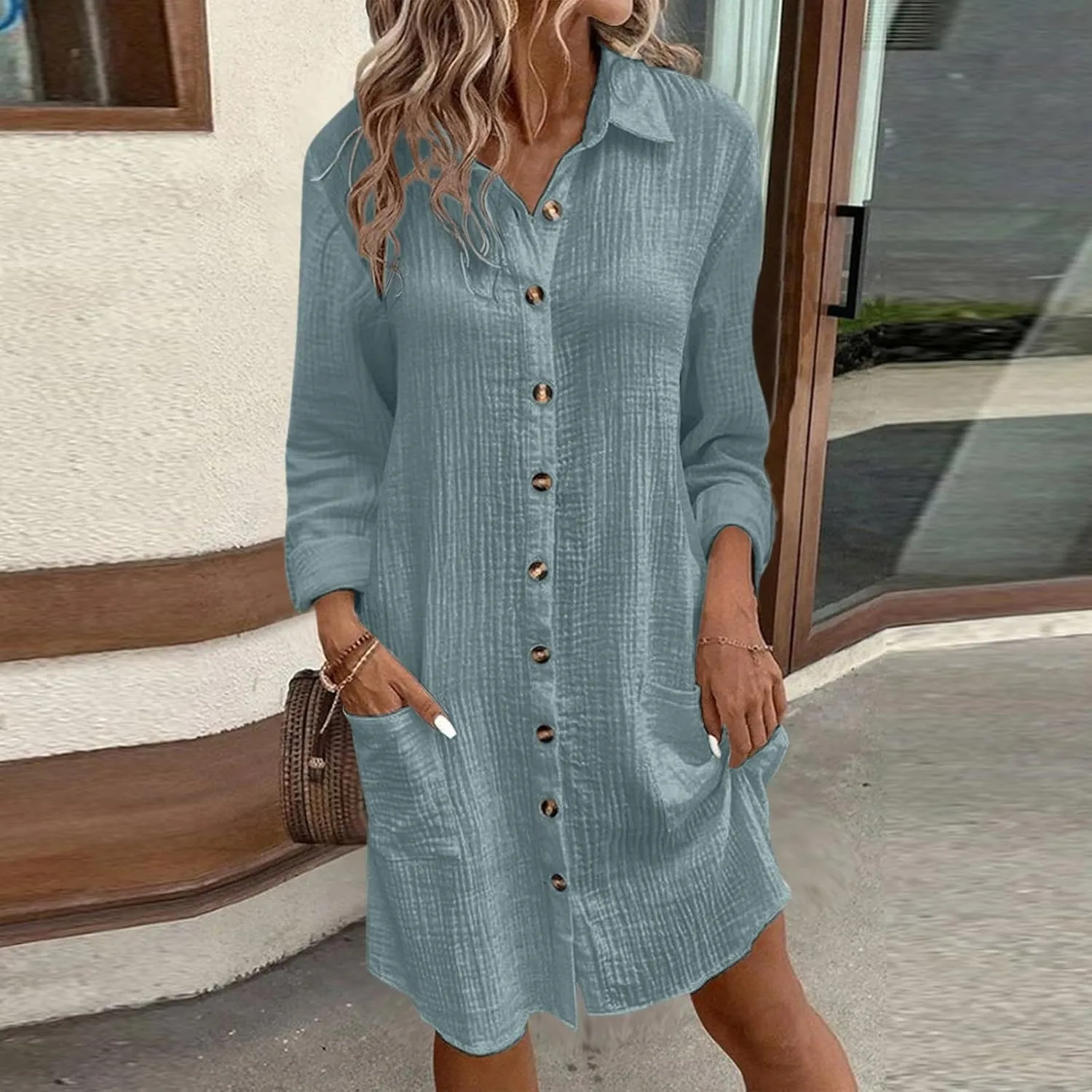Women Button Down Dress Loose Summer Cotton Linen Dresses Casual Short Sleeve Tunic Dress 2025 Linen Dress Women
