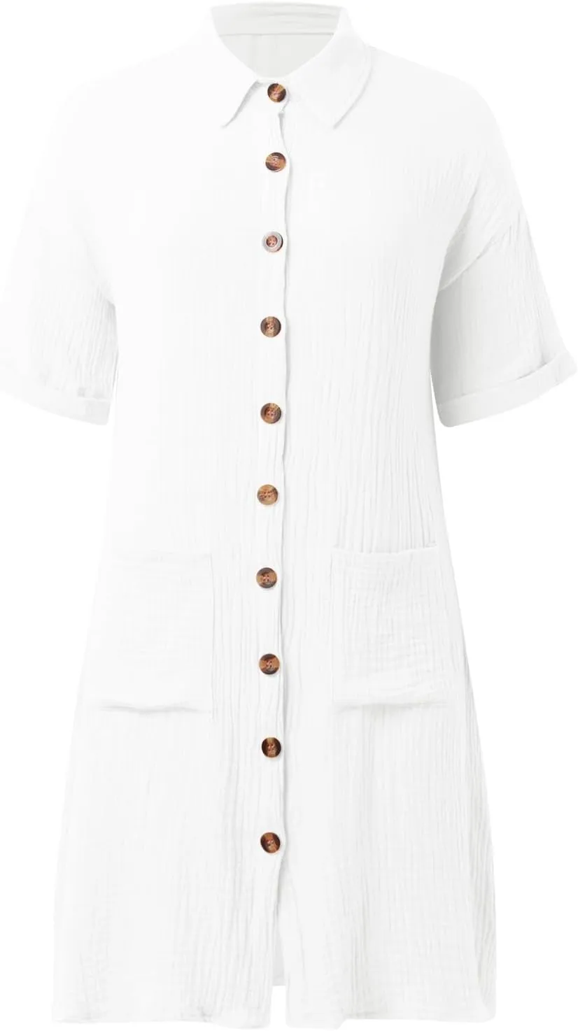 Women Button Down Dress Loose Summer Cotton Linen Dresses Casual Short Sleeve Tunic Dress 2025 Linen Dress Women