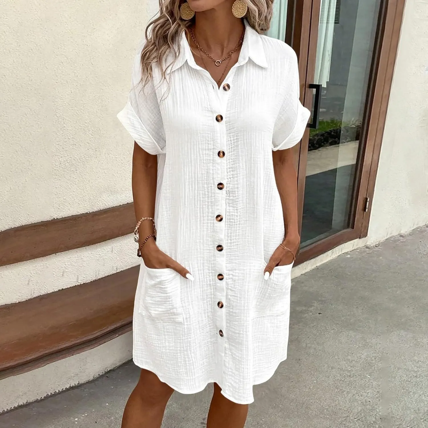 Women Button Down Dress Loose Summer Cotton Linen Dresses Casual Short Sleeve Tunic Dress 2025 Linen Dress Women