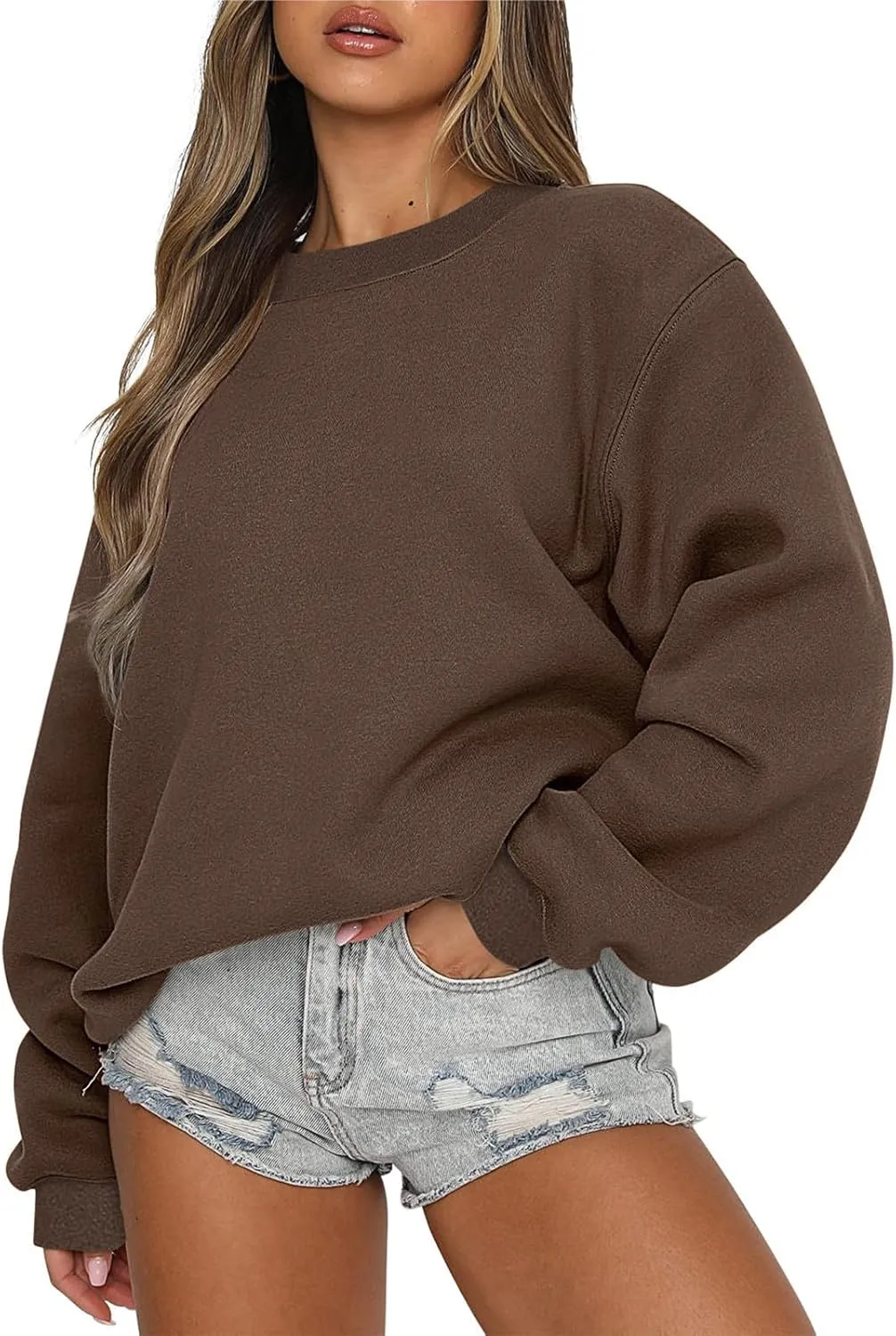 Womens Oversized Crewneck Sweatshirts Comfort Sweatshirt Pullover Tops Solid Color Cute Hoodie Teen Girls Clothes