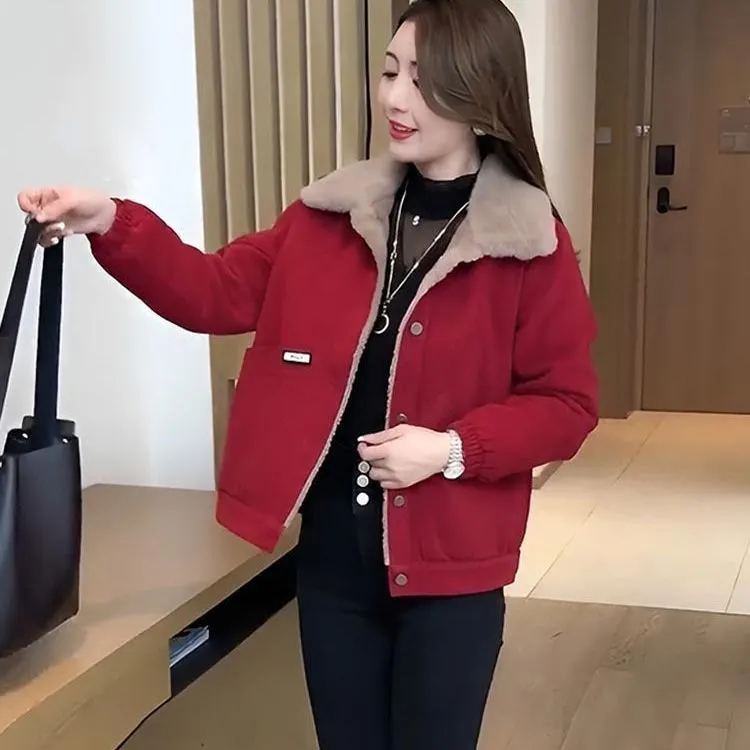 Womens Versatile Thickened Plush-lined Warm Parka Jacket