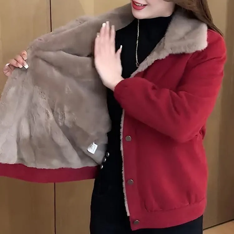 Womens Versatile Thickened Plush-lined Warm Parka Jacket