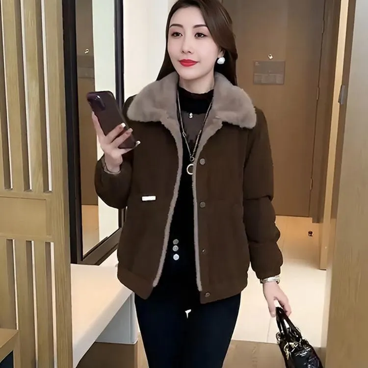 Womens Versatile Thickened Plush-lined Warm Parka Jacket