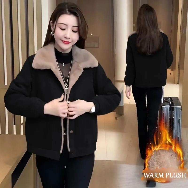 Womens Versatile Thickened Plush-lined Warm Parka Jacket