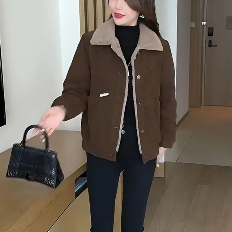 Womens Versatile Thickened Plush-lined Warm Parka Jacket