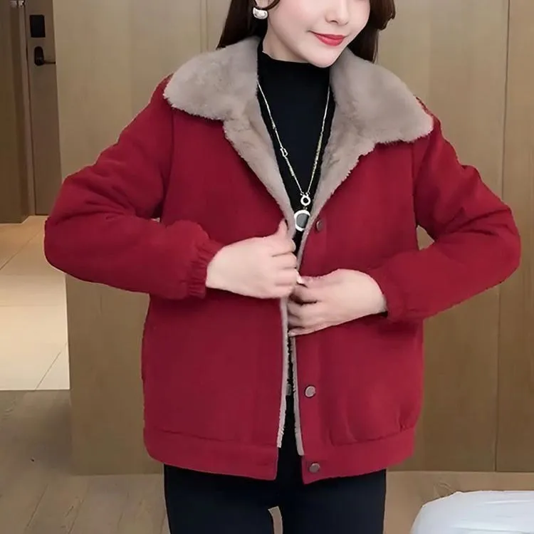 Womens Versatile Thickened Plush-lined Warm Parka Jacket