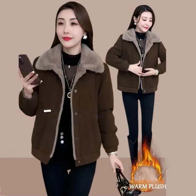 Womens Versatile Thickened Plush-lined Warm Parka Jacket
